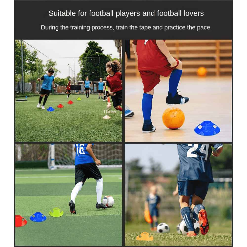 Kids playing football using windproof soccer training marker cones for agility drills on a grassy field.